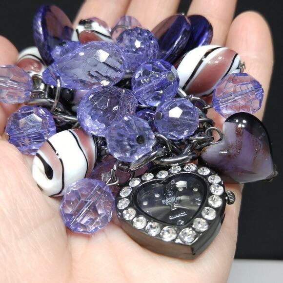 Vintage Purple Bead Watch Bracelet, Charms, Signed Ficaro Couture, Needs Battery - Picture 8 of 10